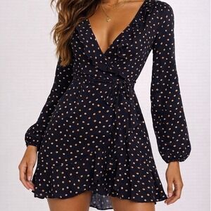 Wrap Mini Dress Navy Polka Dot Ruffle Long Sleeve Coquette Parisian Chic M